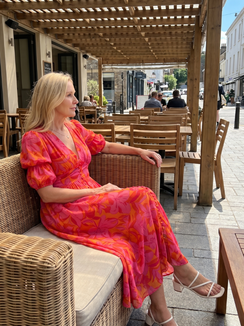 Zarelle | Puff Sleeve V-Neck Bold Floral Print Midi Dress