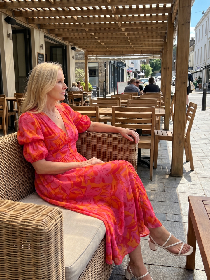 Zarelle | Puff Sleeve V-Neck Bold Floral Print Midi Dress