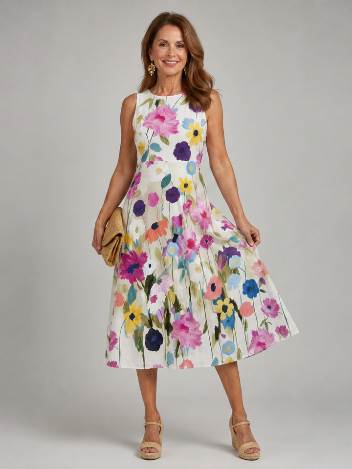 Flory | Floral Print Sleeveless Round Neck Midi Dress
