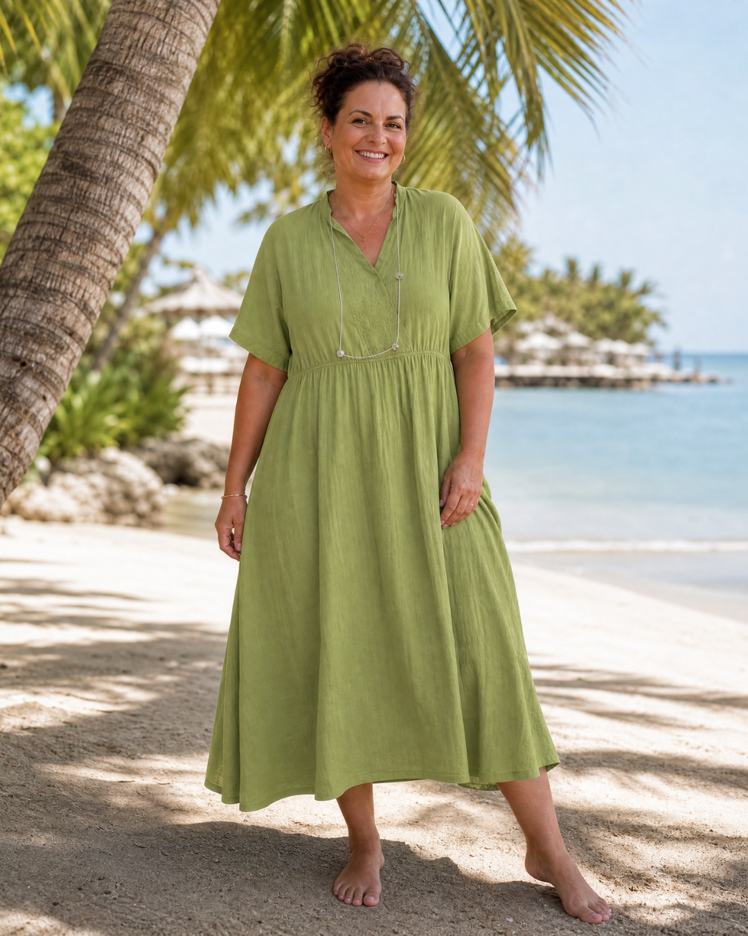 Eupherene | Textured V-Neck Relaxed Short Sleeve Midi Dress