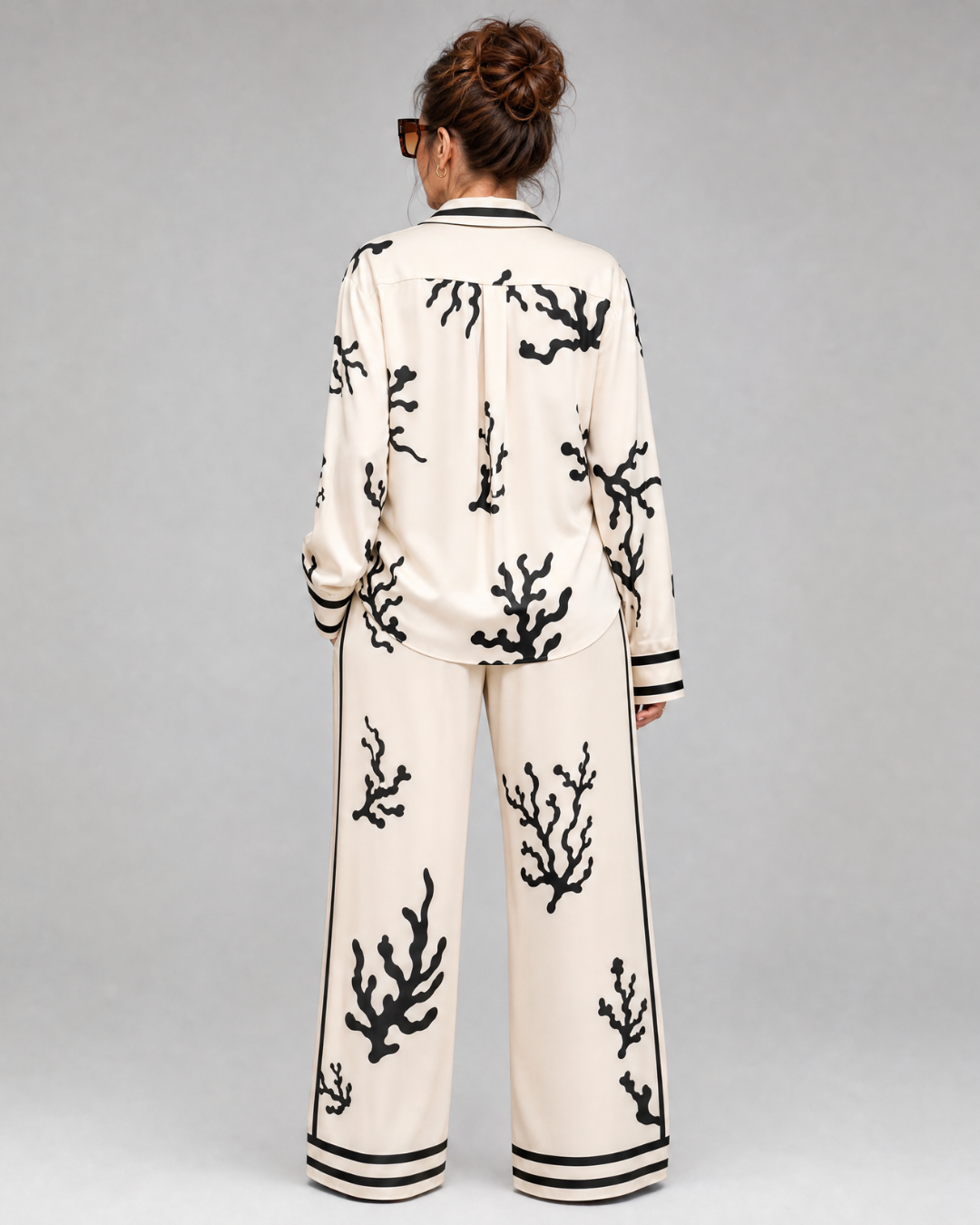 Omeni | Abstract Coastal Print Shirt And Wide Leg Pants Set