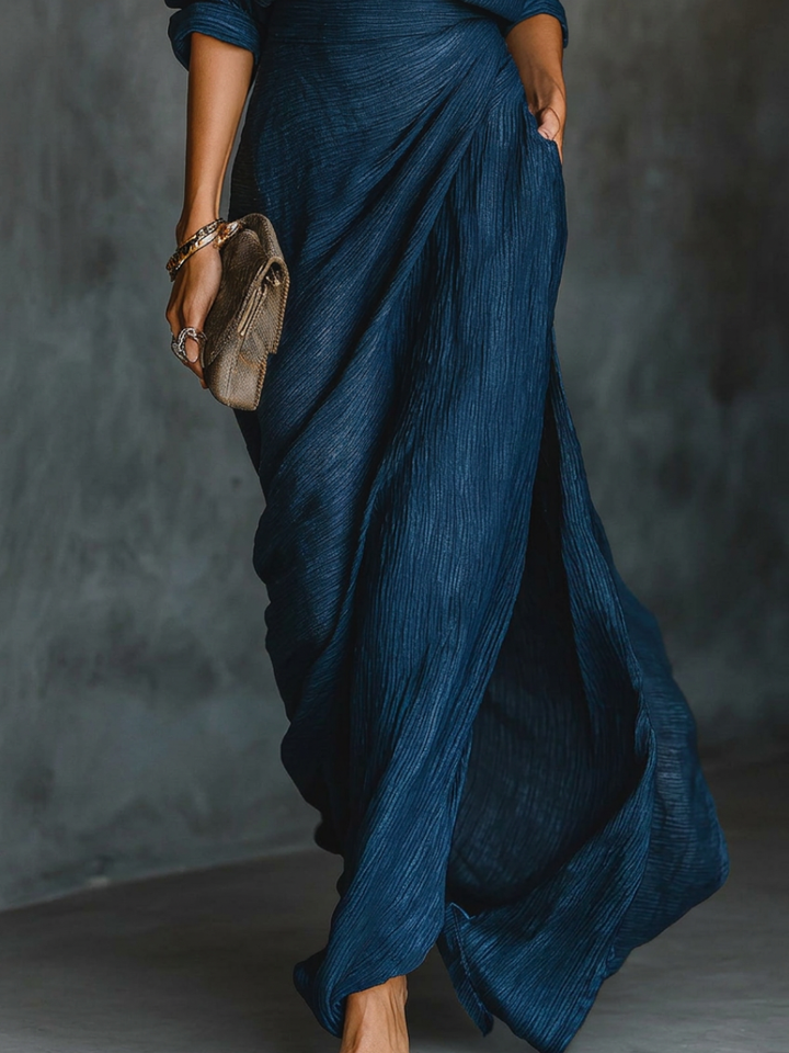 Long Sleeve Shirt Set with Collar and Elegant Solid Colour Maxi Pleated Skirt