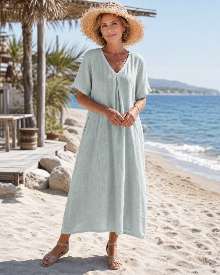Thamal | Washed Cotton Blend V-Neck Relaxed Midi Dress