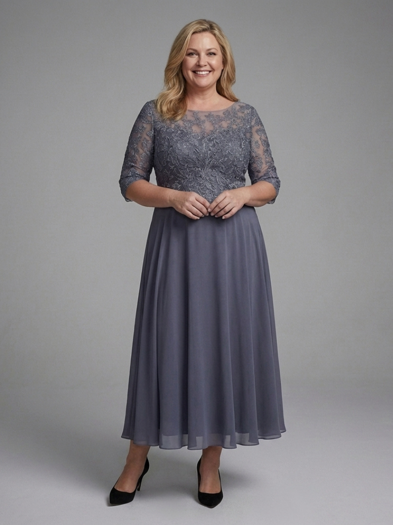 Olivine | Lace Bodice Sheer Sleeve Midi Dress
