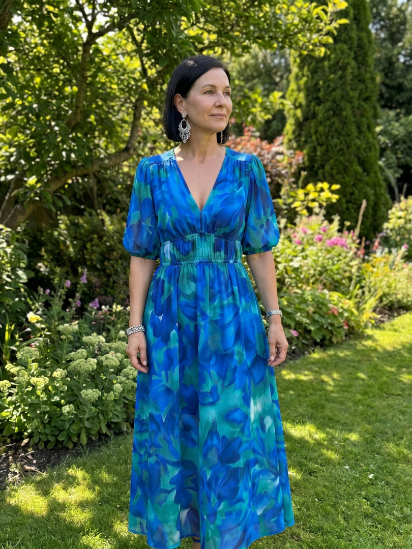 Candlia | Puff Sleeve V-Neck Abstract Print Midi Dress