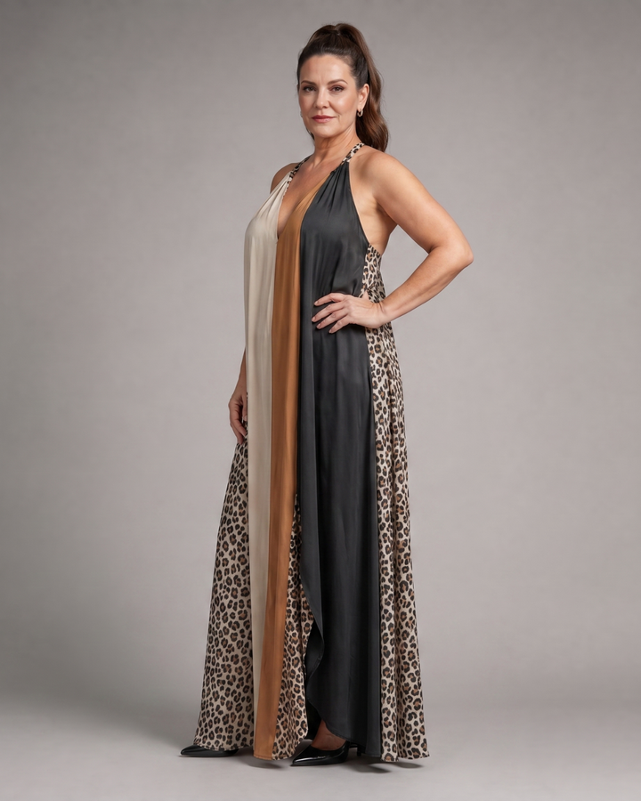 Zephielle | Colour Block Animal Print Halter Flowing Maxi Dress