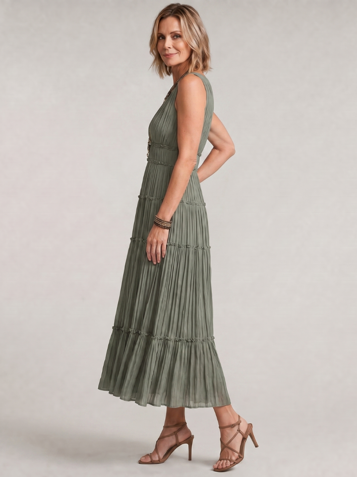 Somala | Pleated Sleeveless Tiered V-Neck Midi Dress