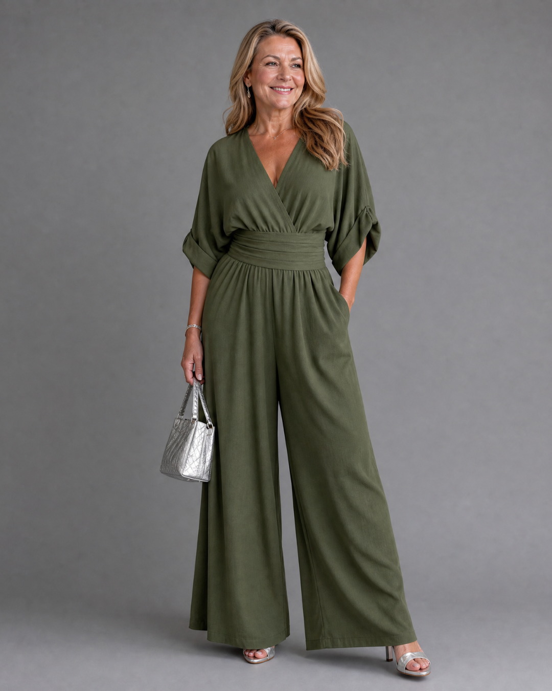 Emene | Draped V-Neck Wide Leg Relaxed Jumpsuit