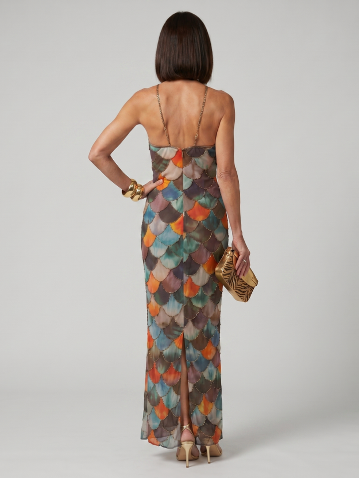 Larkin | Fitted Multicolour Scale Pattern Maxi Dress