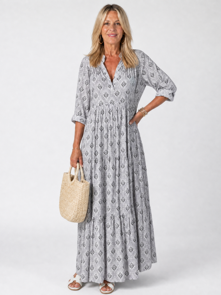 Zirelle | Printed Roll Sleeve Maxi Dress