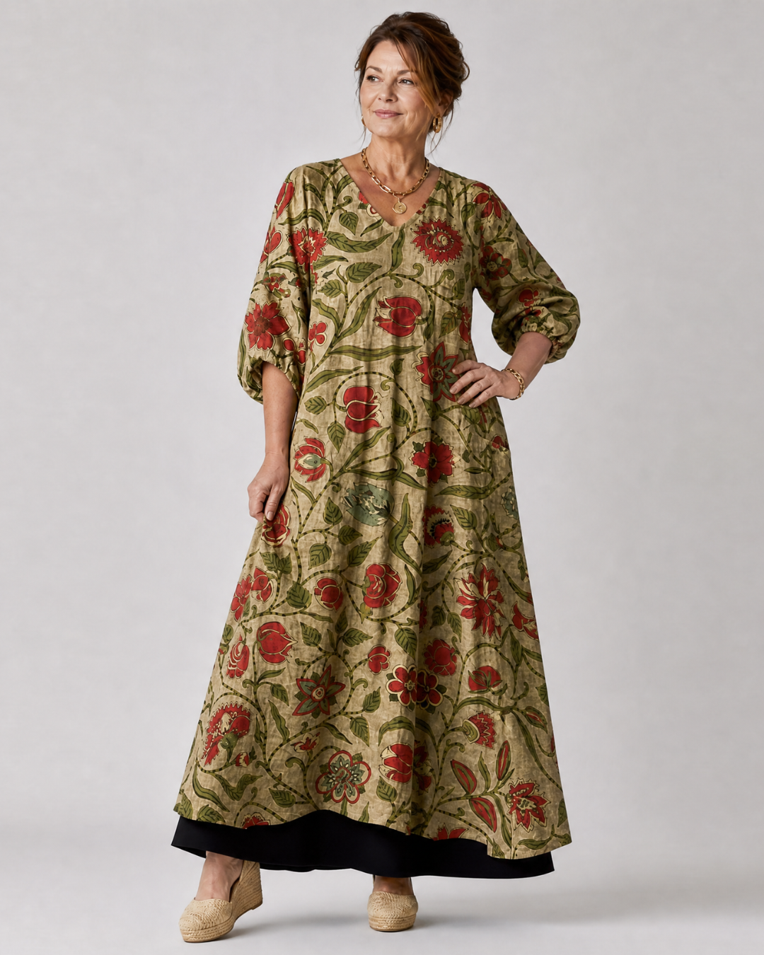Rimla | Botanical Print Relaxed Three Quarter Sleeve Midi Dress
