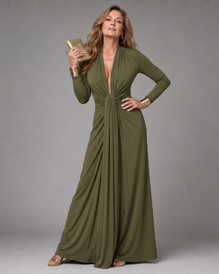 Vimmer | Draped Deep V-Neck Long Sleeve Maxi Dress