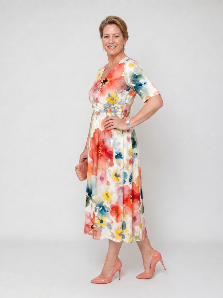 Corinne | Floral Print Short Sleeve V-Neck Midi Dress