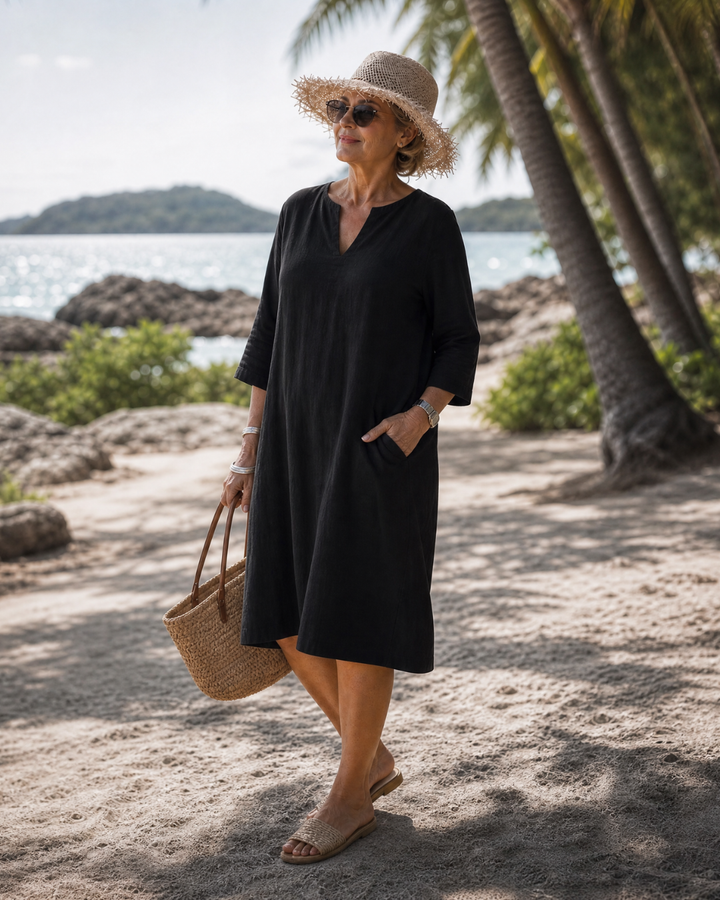 Elixir | Textured V-Neck Three Quarter Sleeve Knee Length Dress