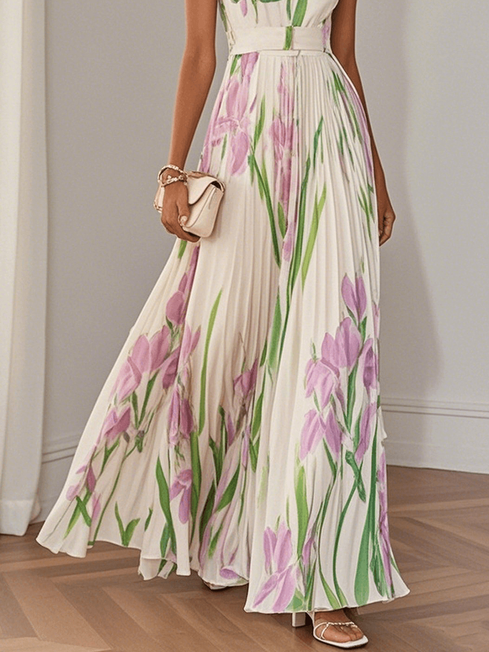 Marie | White Pleated Floral Chiffon Maxi Dress