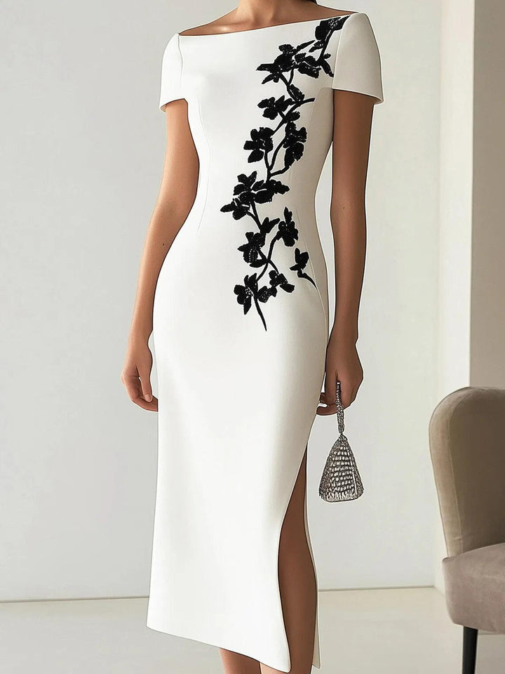 Audrey | Chic Floral Print Boat Neck Midi Dress Outfit