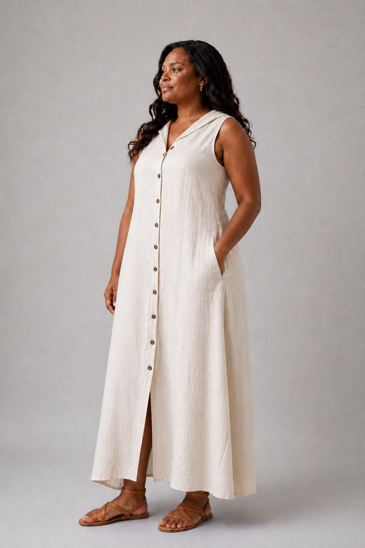 Marune | Sleeveless Button Front Hooded Maxi Dress