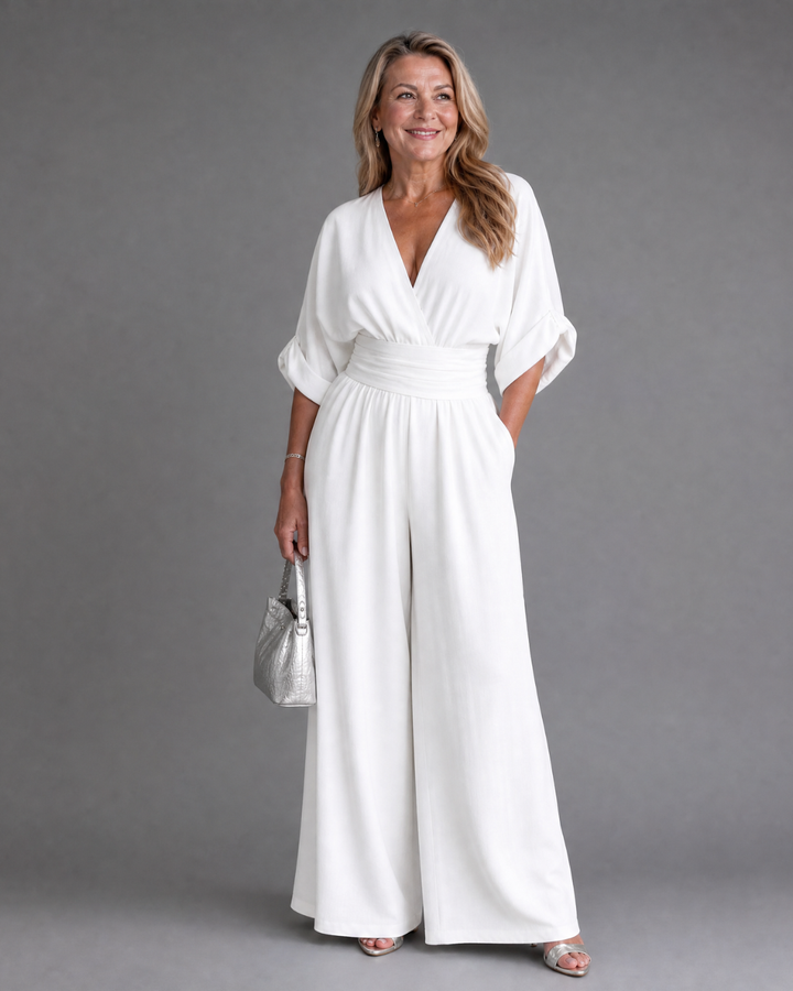 Emene | Draped V-Neck Wide Leg Relaxed Jumpsuit