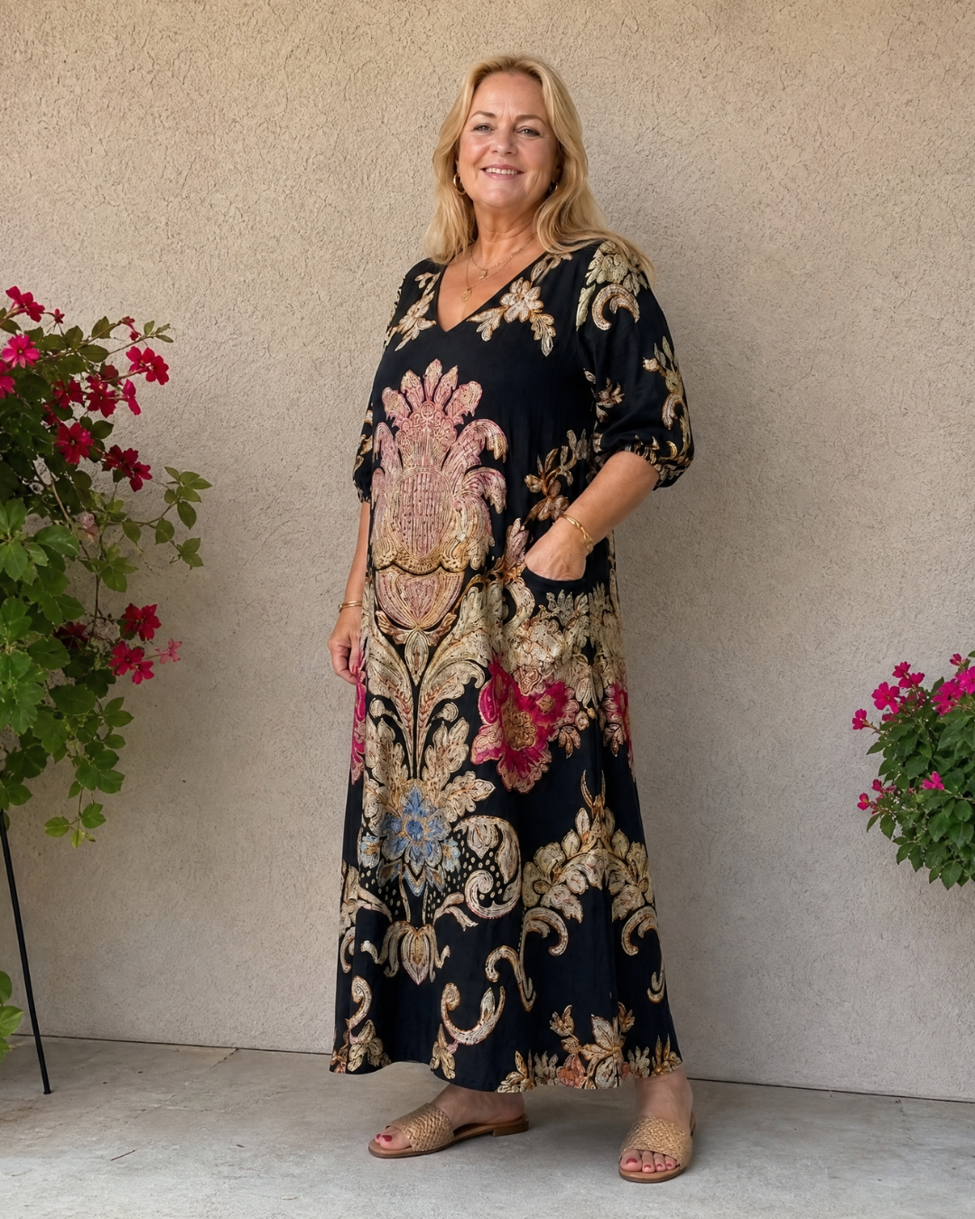 Evarose | Ornate Vintage Print Three Quarter Sleeve Midi Dress