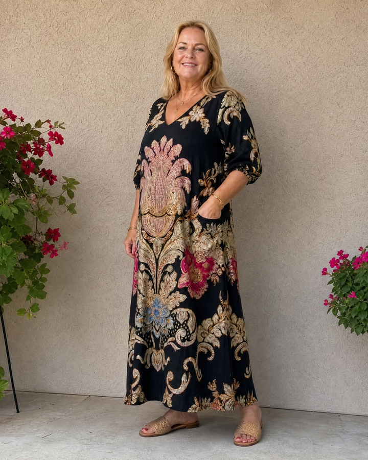 Evarose | Ornate Vintage Print Three Quarter Sleeve Midi Dress
