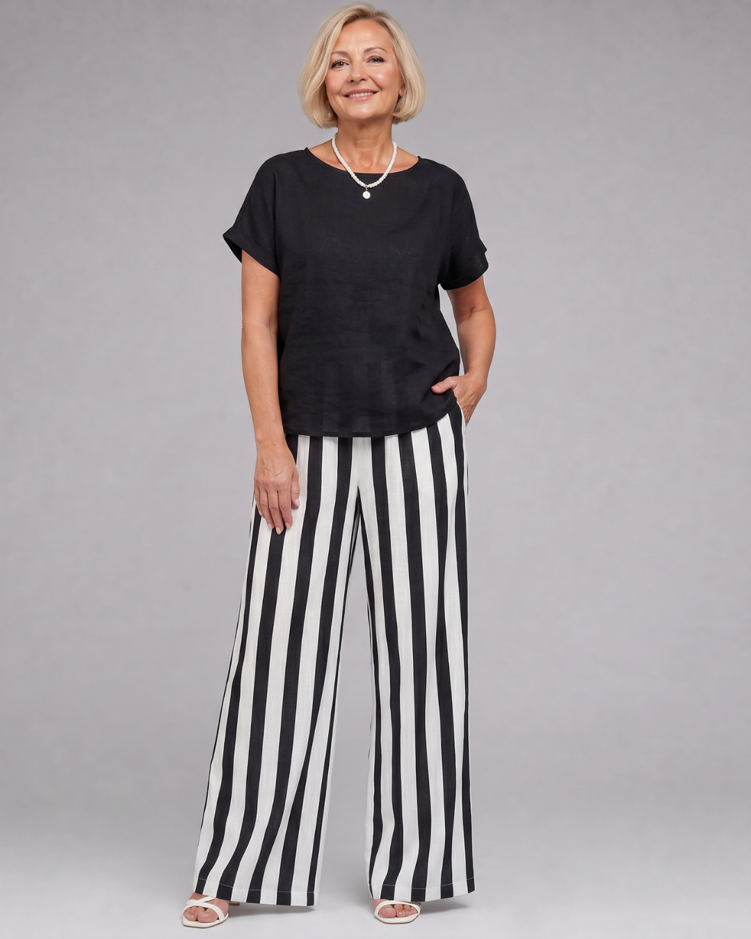 Miolna | Linen Blend Top And Striped Wide Leg Pants Set