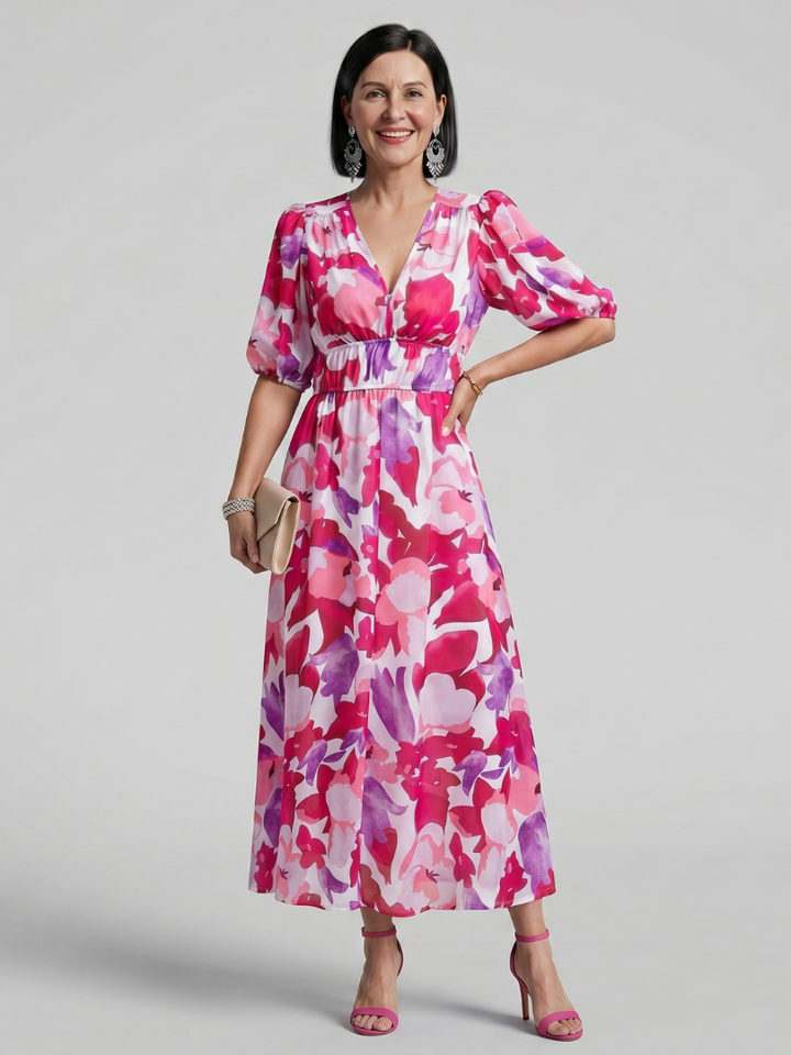 Candlia | Puff Sleeve V-Neck Abstract Print Midi Dress