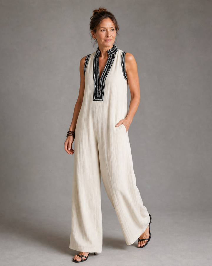 Velmira | Embroidered V-Neck Sleeveless Wide Leg Jumpsuit