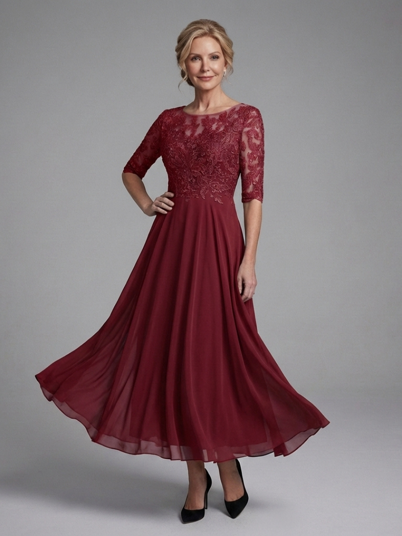 Olivine | Lace Bodice Sheer Sleeve Midi Dress