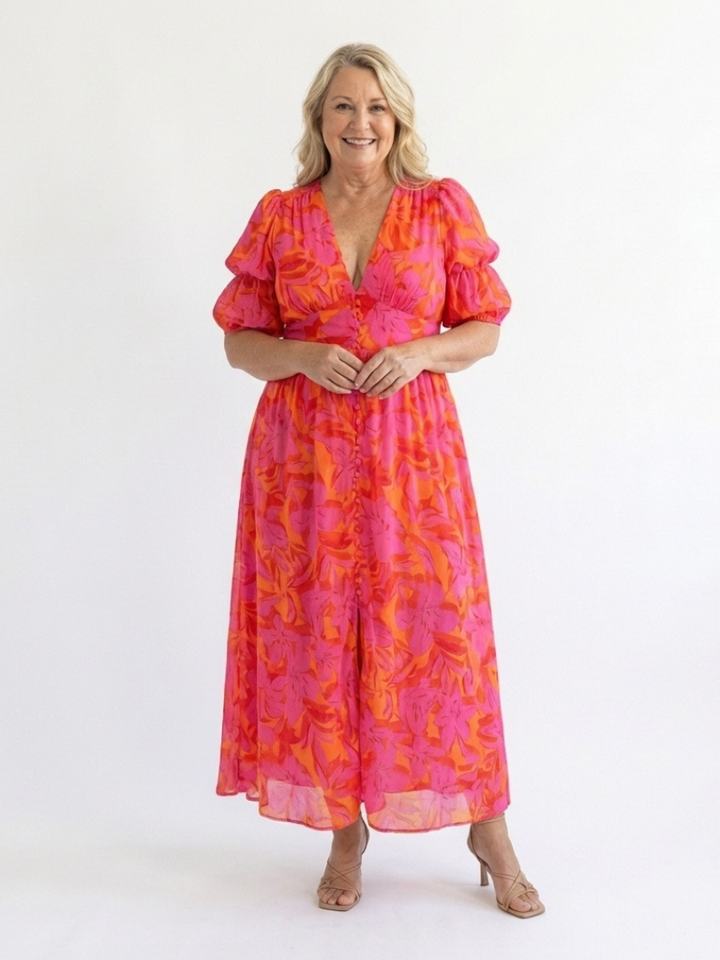 Sadie | Floral V-Neck Puff Sleeve Midi Dress