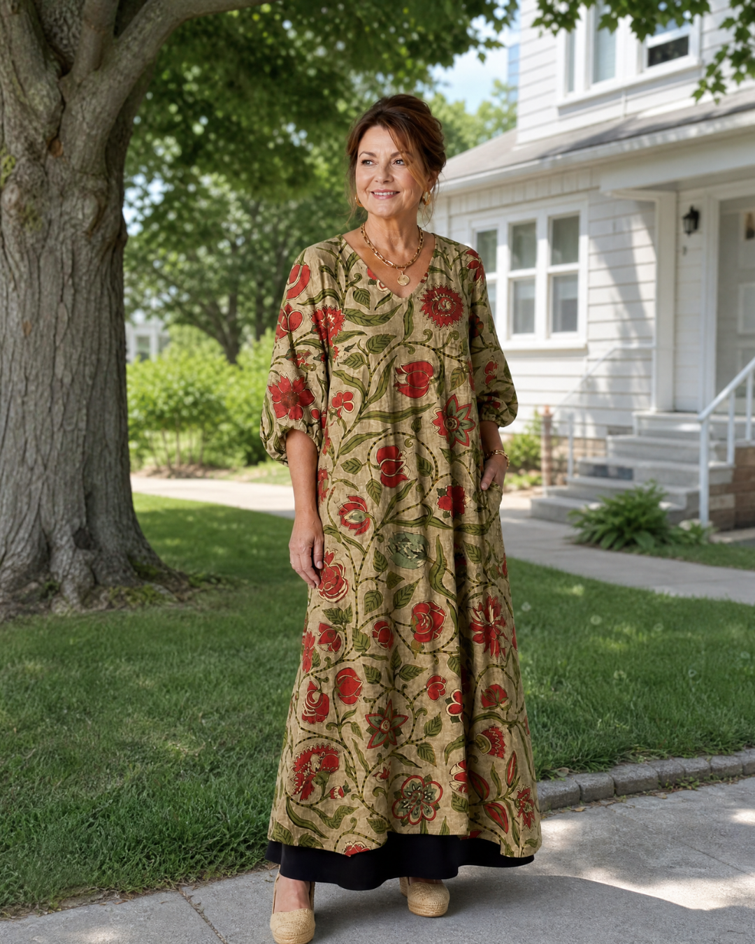 Rimla | Botanical Print Relaxed Three Quarter Sleeve Midi Dress