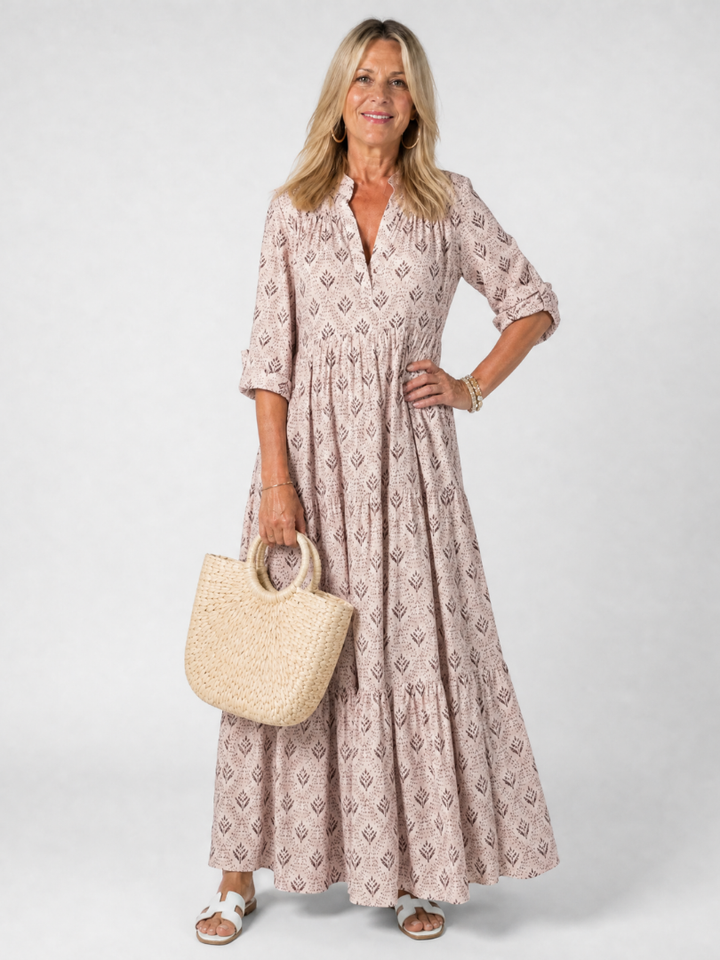 Zirelle | Printed Roll Sleeve Maxi Dress