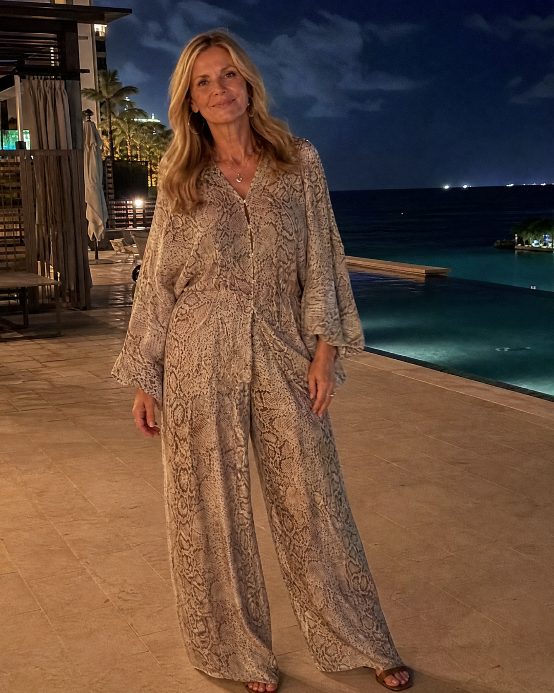 Esmoria | Snake Print Draped Blouse And Wide Leg Pants Set