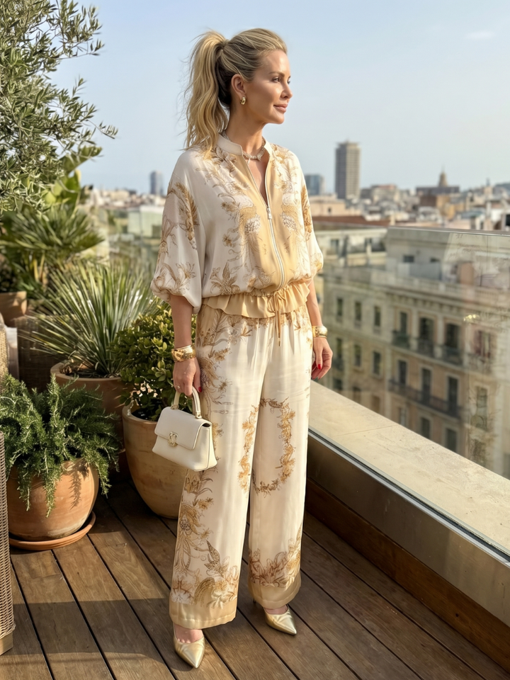Indie | Zip Front Blouson Top Printed Two Piece Set