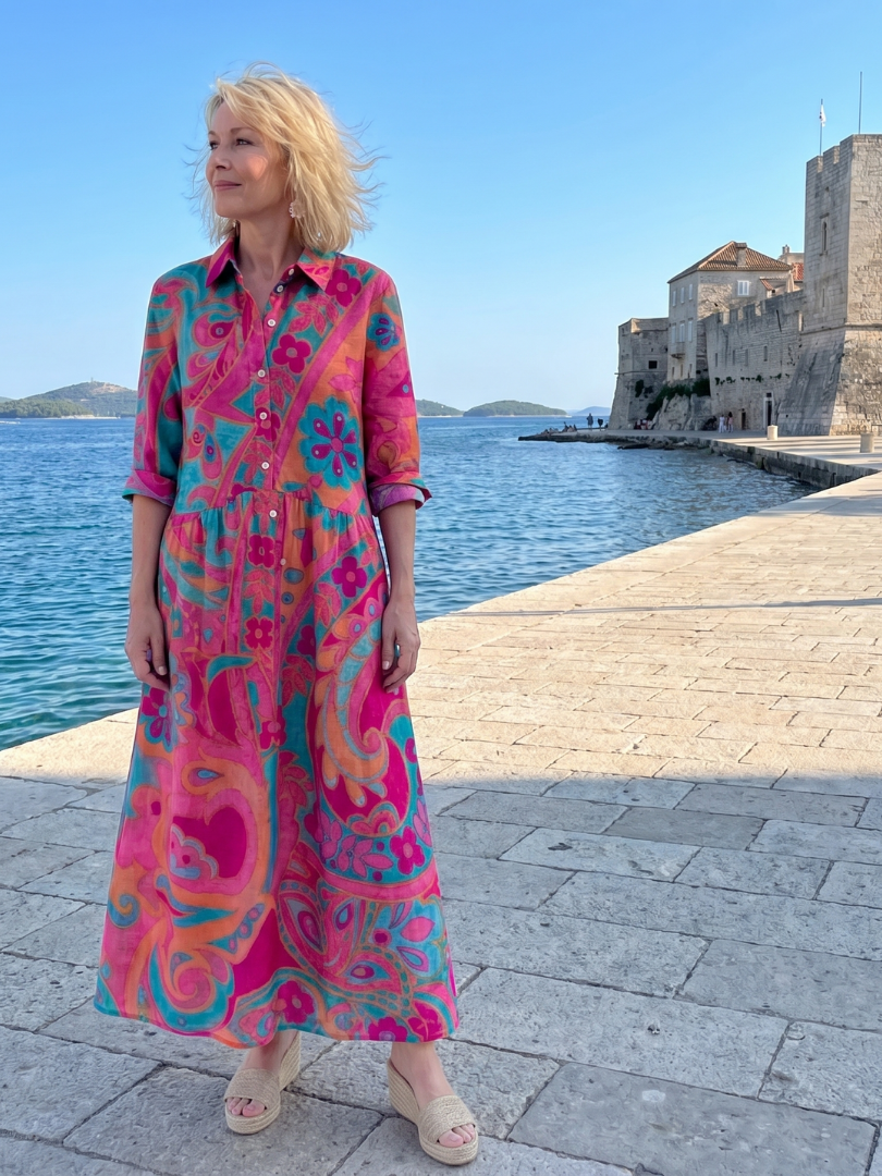 Klera | Printed Button Front Collared Midi Dress