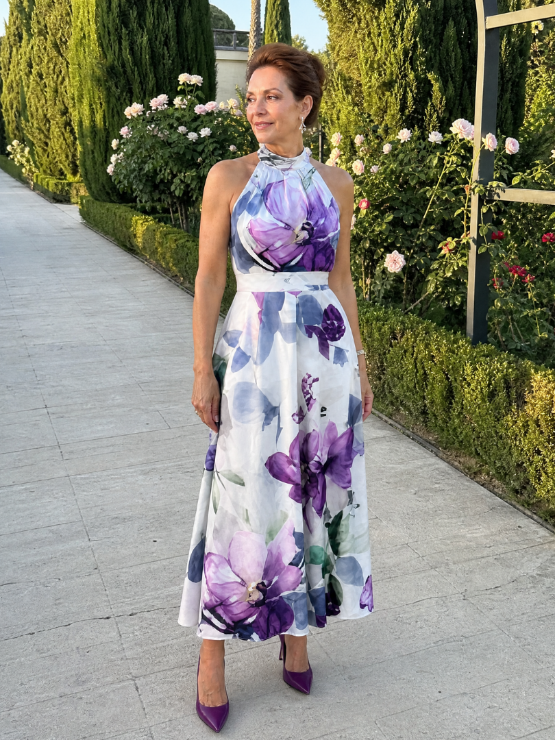 Omego | Soft Bloom Halter Neck Flowing Midi Dress