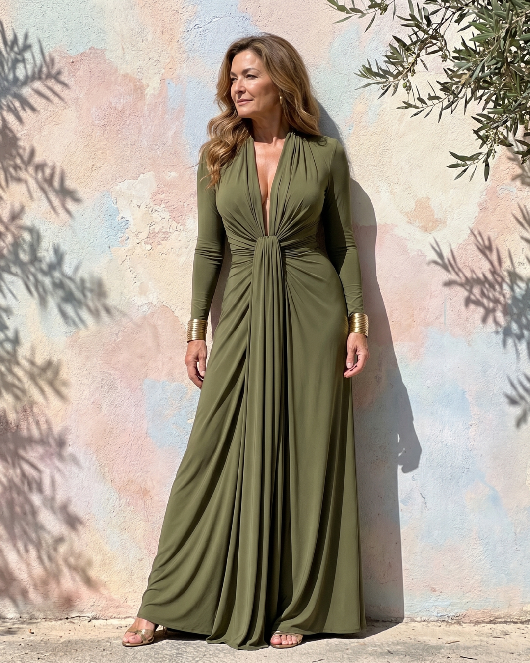 Vimmer | Draped Deep V-Neck Long Sleeve Maxi Dress
