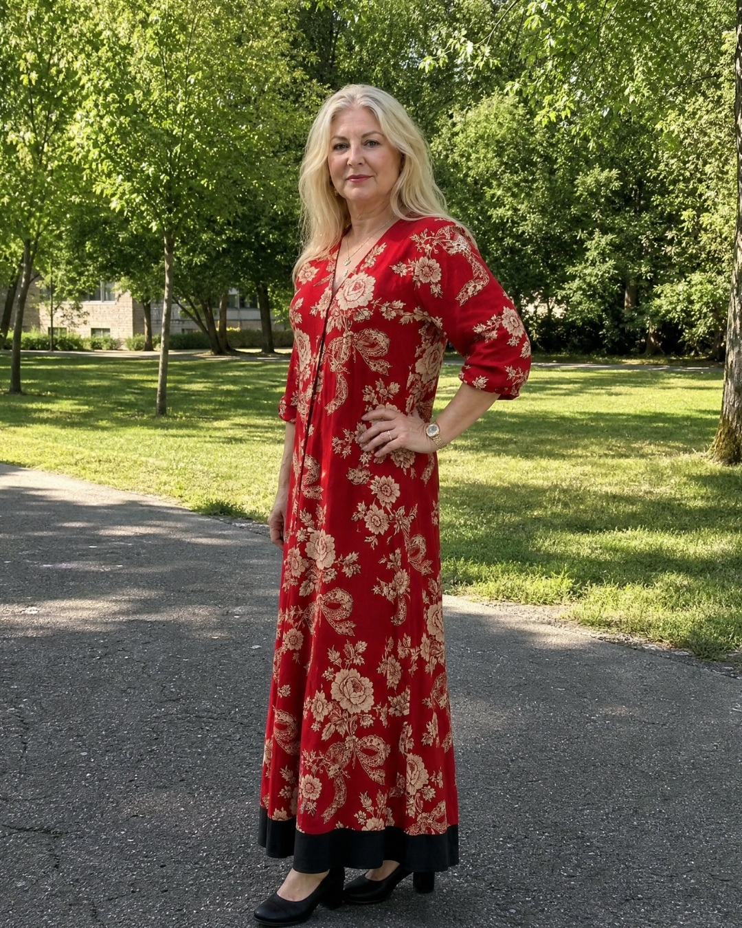 Thopal | Vintage Floral V-Neck Relaxed Midi Dress