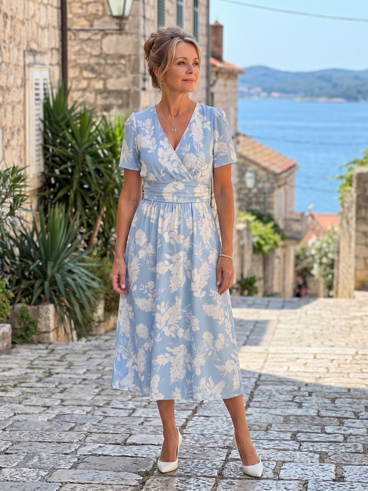 Marion | Floral Print Short Sleeve V-Neck Midi Dress