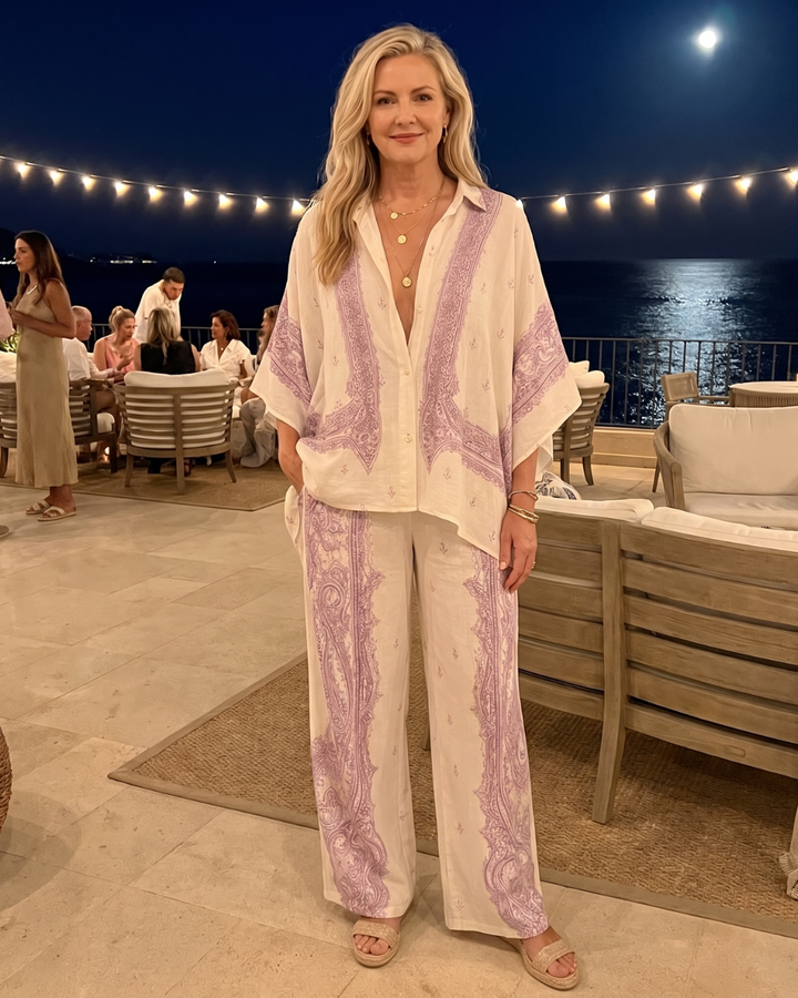 Sodaya | Soft Print Oversized Shirt And Wide Leg Pants Set