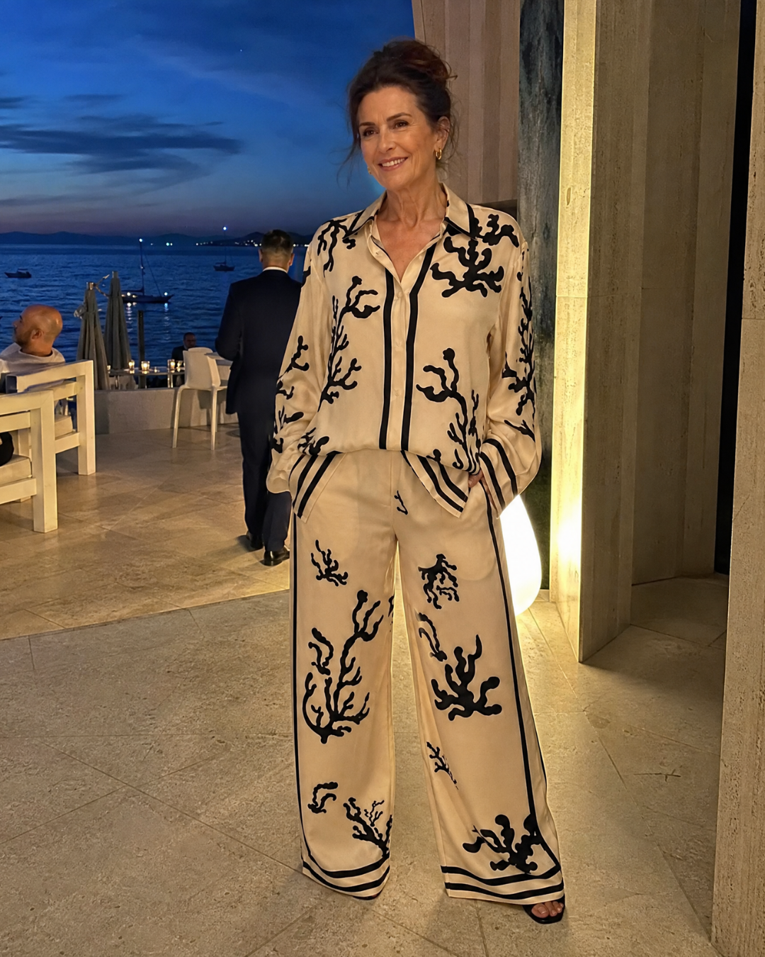 Omeni | Abstract Coastal Print Shirt And Wide Leg Pants Set