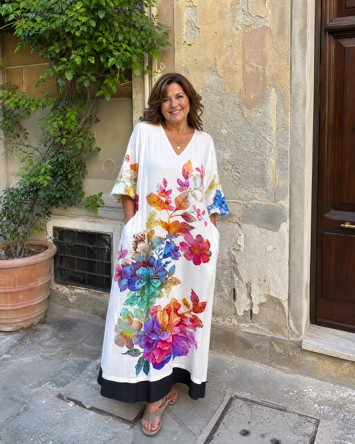 Florienne | Watercolor Bloom Print Flowing Pocket Midi Dress