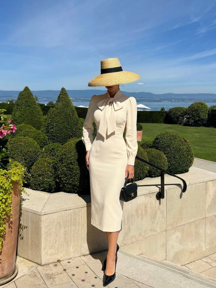 Kaelis | Long Sleeve Bow Neck Fitted Midi Dress