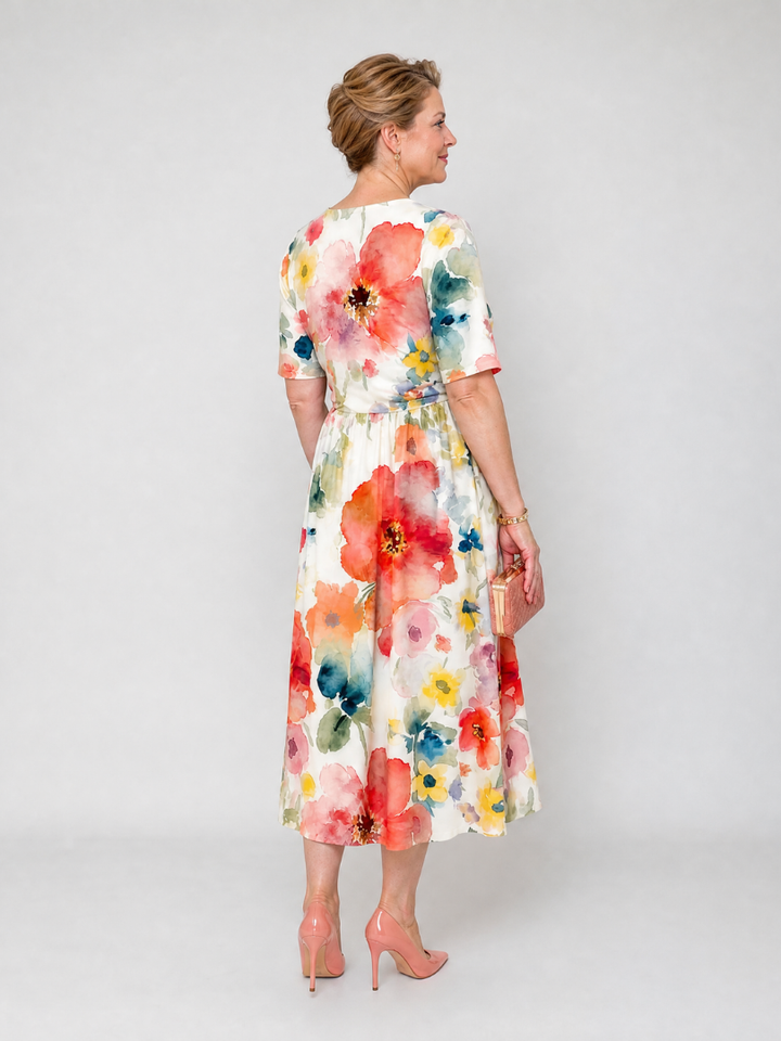 Corinne | Floral Print Short Sleeve V-Neck Midi Dress