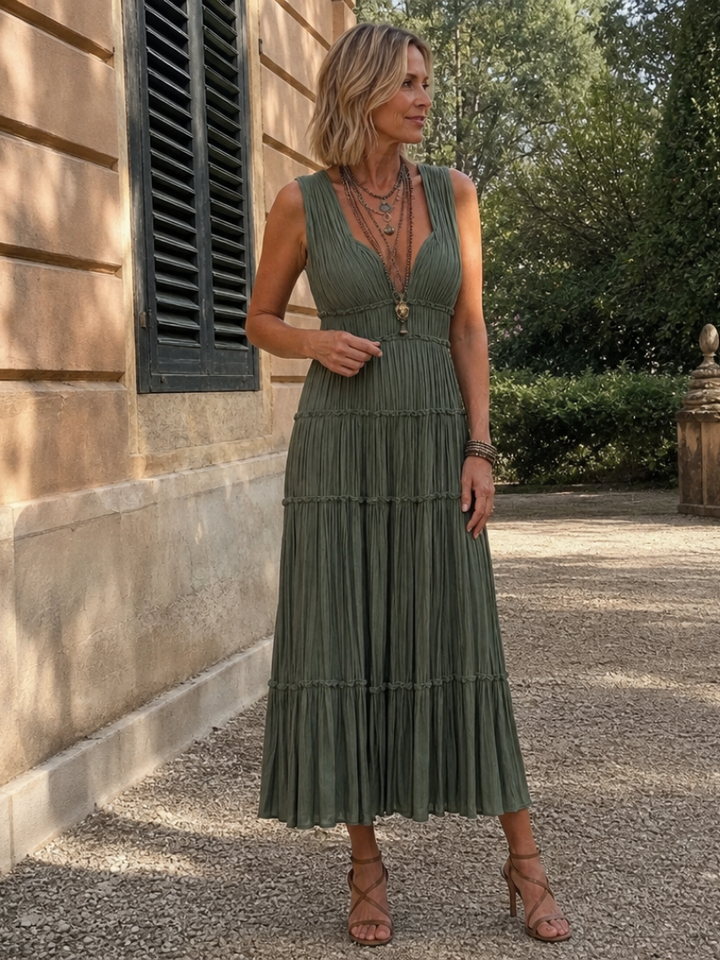 Somala | Pleated Sleeveless Tiered V-Neck Midi Dress