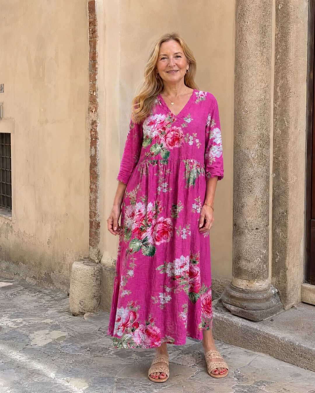 Rosavelle | Vintage Rose Print Gathered Waist Midi Dress