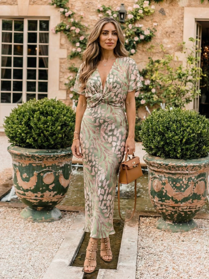 Charlotte | Abstract Print V-Neck Twist Waist Midi Dress