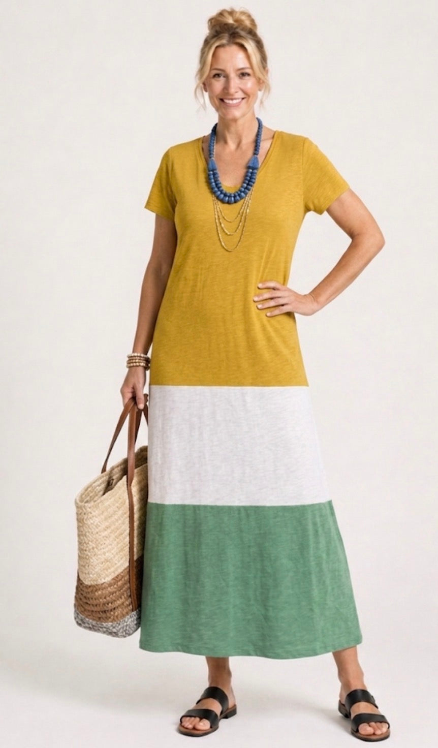 Thalia | Short Sleeve Colour Block V-Neck Midi Dress