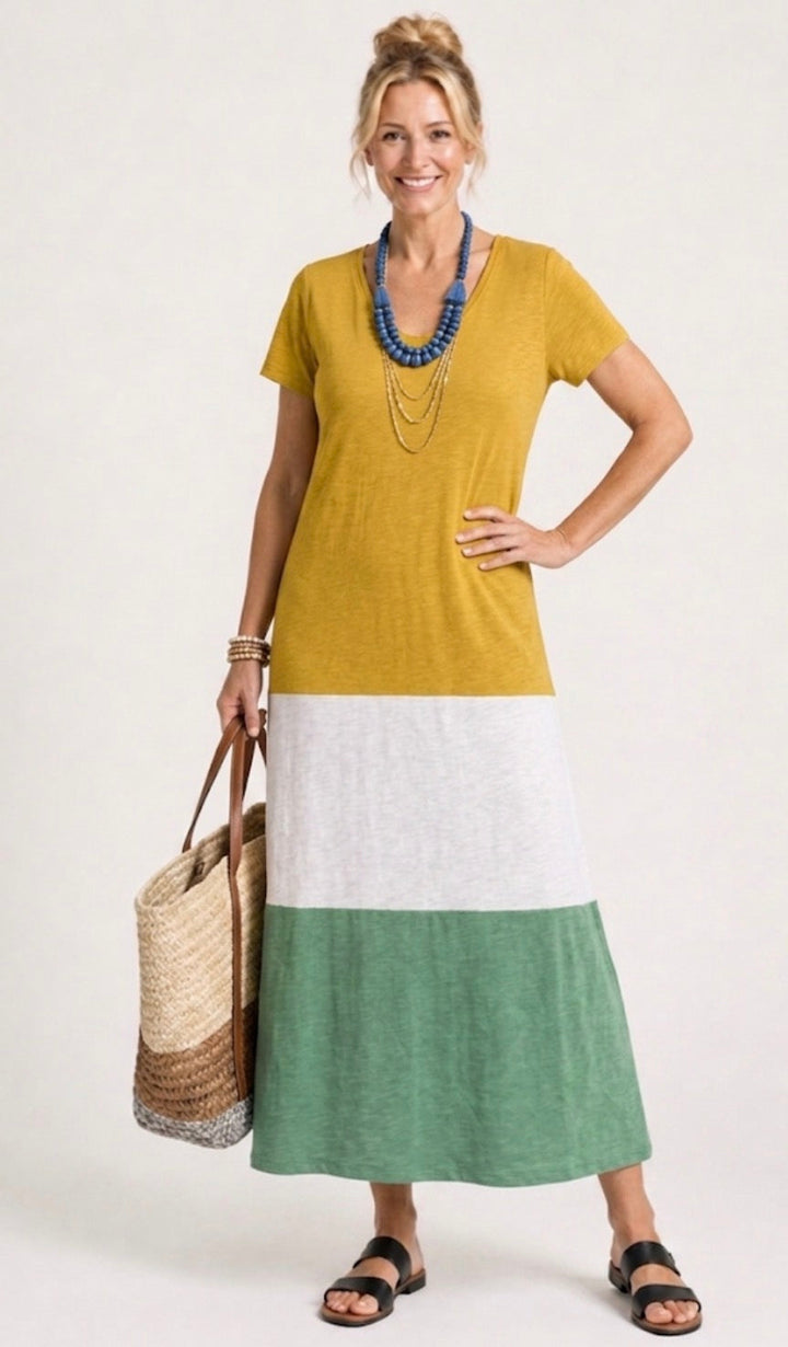 Thalia | Short Sleeve Colour Block V-Neck Midi Dress