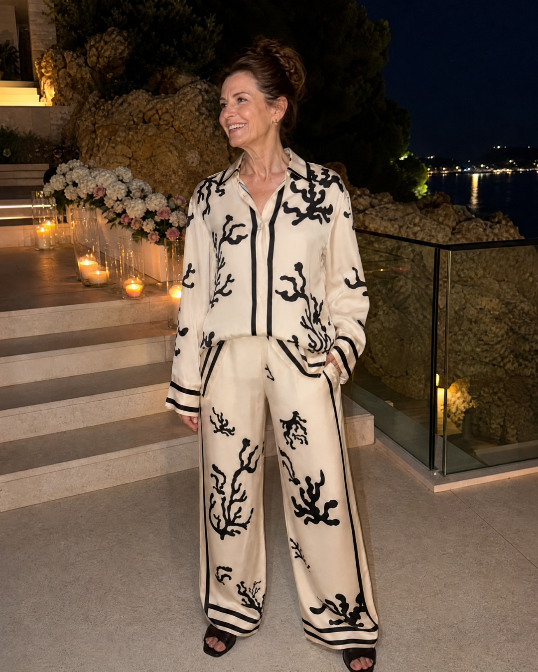 Omeni | Abstract Coastal Print Shirt And Wide Leg Pants Set