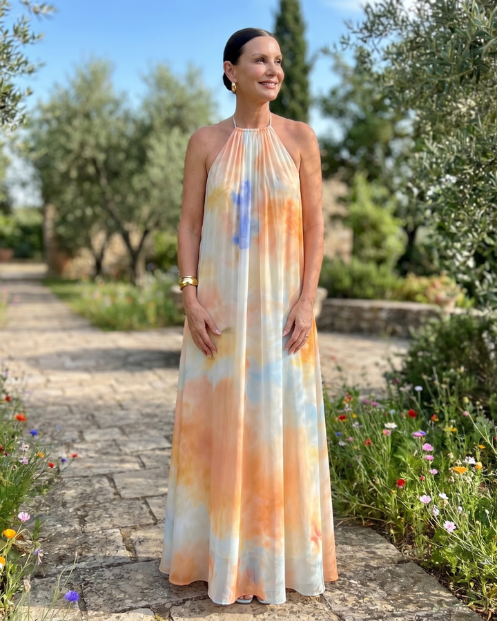 Eloque | Watercolor Halter Neck Flowing Maxi Dress